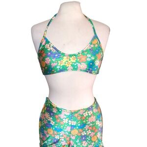 Lilly Pulitzer VTG 90s 2 Piece Halter Boy Shorts Swimsuit Green Floral Print M